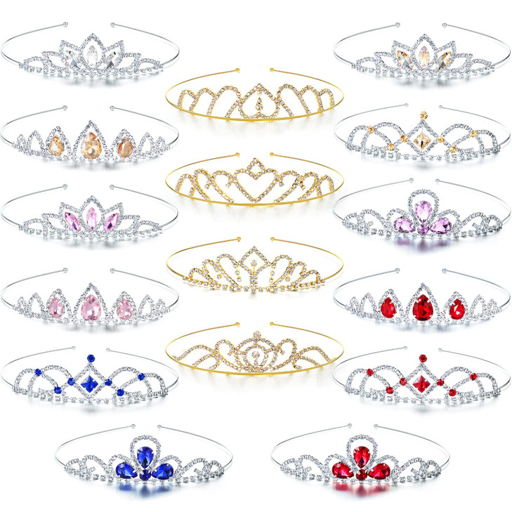 Haull 16 Pieces Girls Colorful Crystal Rhinestone Tiara Headband Princess Crown for Birthday Parties Hair Styling School