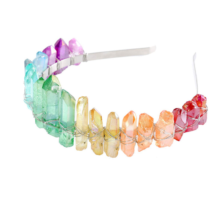 AWAYTR Raw Crystal Quartz Crown Rhinestone Tiara Mermaid Headband for Woman Weeding and Parties Multicolor