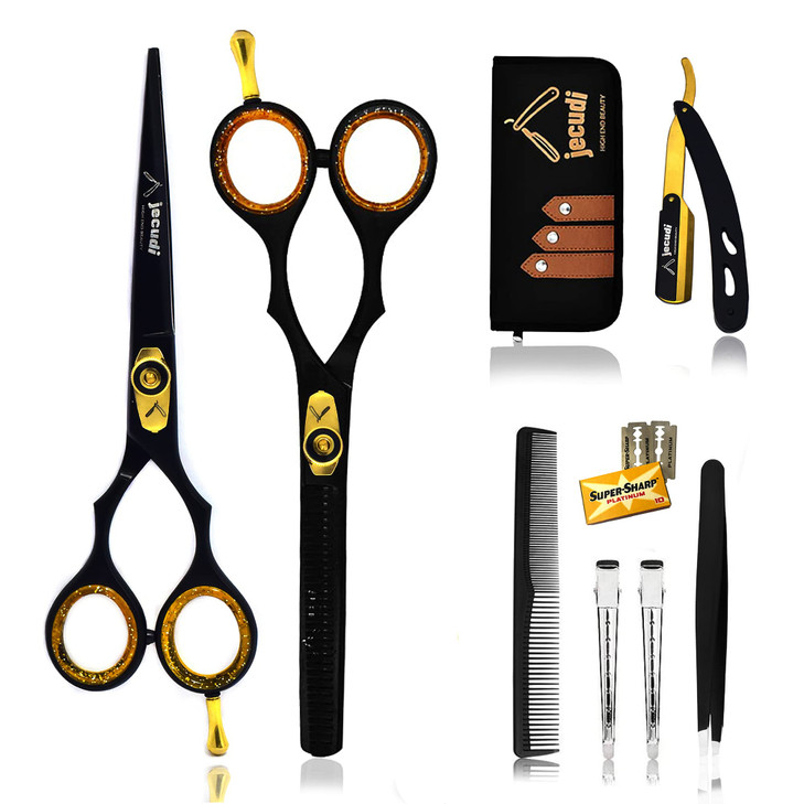 Jecudi Professional Hair Cutting Scissors Set Handmade Japanese Stainless Steel Includes Barber Scissors Hair Shears Twe