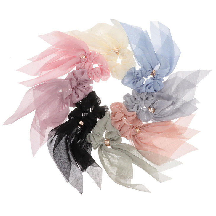 VALICLUD 8PCS Chiffon Hair Scarf Scrunchies Double Layer Bowknot Ponytail Holder Elastic Ribbon Hair Ties for Women Girl