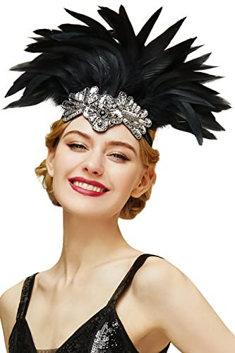 BABEYOND Carnival Feather Headpiece Showgirl Pageant Headband Womens 1920s Flapper Headband Black