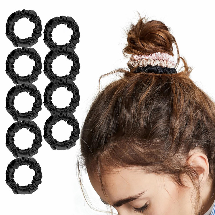 LILYSILK 9 Pack 100 Real Mulberry Silk Scrunchies Black for Women Mini Colorful Hair Bow Ties Girls Unique Bobble Elasti