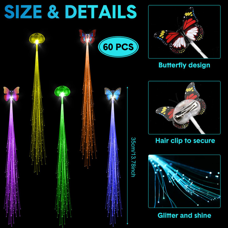 60 Pcs Halloween Light up Hair Accessories LED Hair Clips Fiber Optic LED Hair Barrettes Bar Dancing Hairpin Multicolor