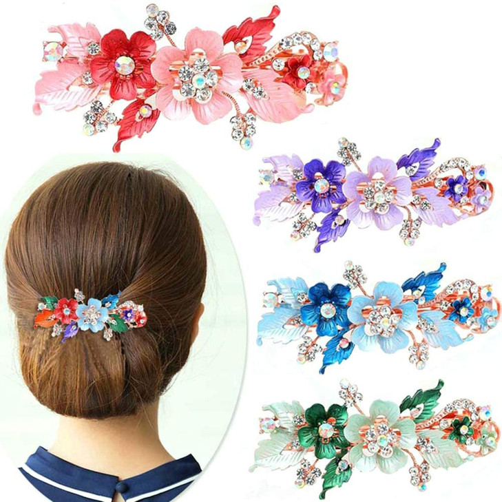 Green Flower Women Rhinestone Butterfly Hairpin Hair Clip Barrette Ponytail Holder Glitter Crystal Elegant Gifts Hair Cl
