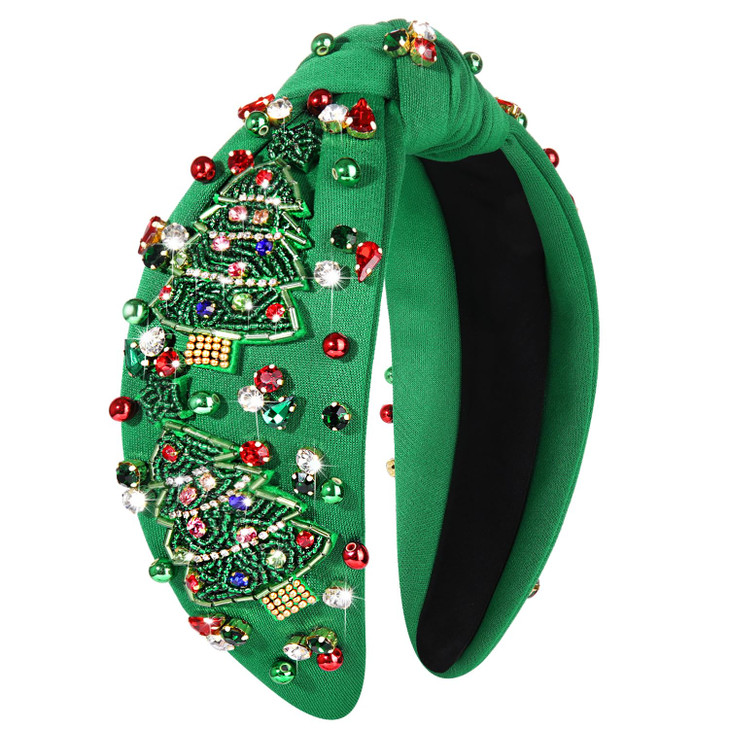 Xmas Tree 1 Green Womens Beaded Reindeer Snowflake Headband Jeweled Rhinestone Pearl Knotted Christmas Holiday Hair Acce