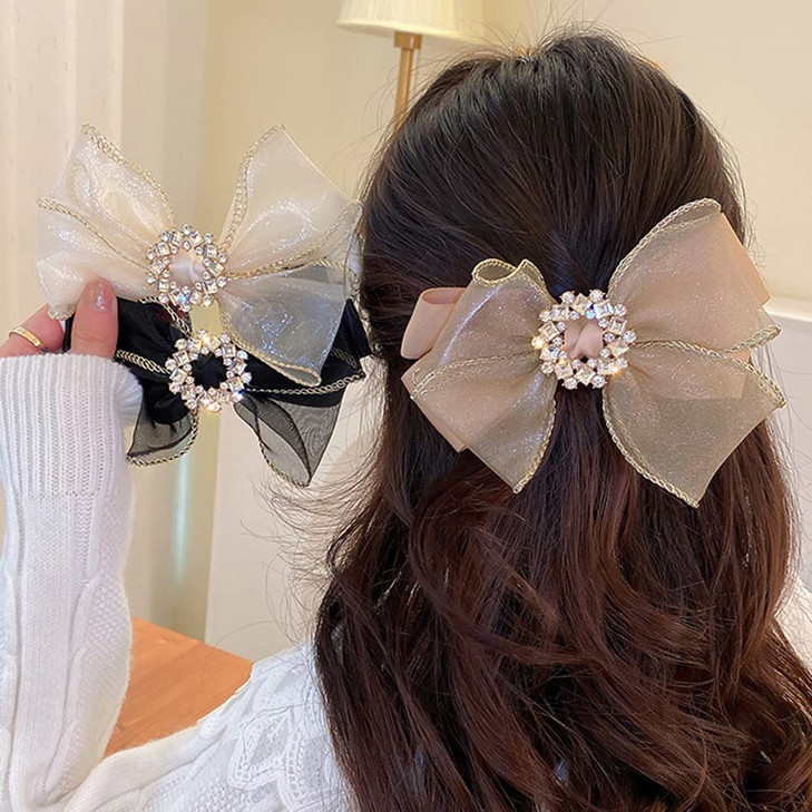 Wiwpar Hair Clip for Women with Gauze Bow and Rhinestones Ivory 590390in Fabric Alloy Rhinestones Hair Accessory for Wom