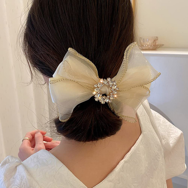 Wiwpar Hair Clip for Women with Gauze Bow and Rhinestones Ivory 590390in Fabric Alloy Rhinestones Hair Accessory for Wom