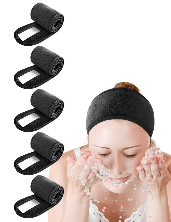 EUICAE Spa Headband 5Pack Black Sweat Head Towel Wraps Nonslip Stretchable Washable for Makeup Face Wash Facial Treatmen