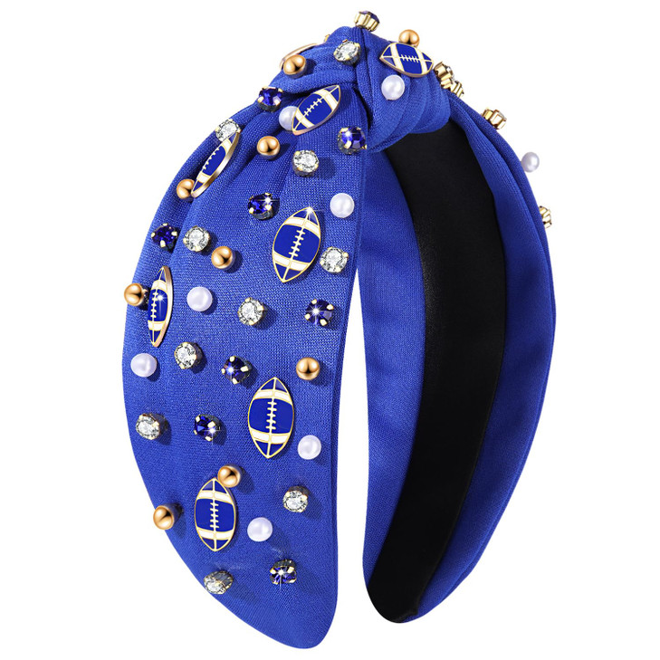 Jeweled Rhinestone Crystal Wide Top Knot Headband for Women Football Mom Accessories Sport Hair Accessory Blue