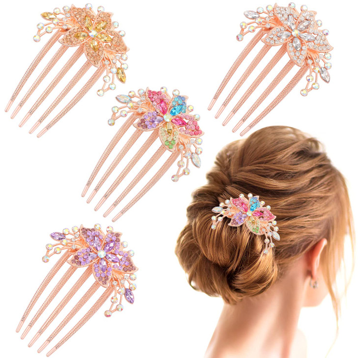 4 Pcs Rhinestones Hair Accessories for Women Crystals Flower Hair Fork Clips for Updo Buns Decorative French Twist Pins