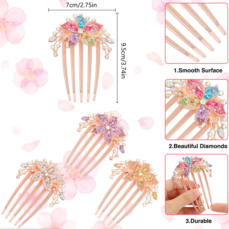 4 Pcs Rhinestones Hair Accessories for Women Crystals Flower Hair Fork Clips for Updo Buns Decorative French Twist Pins