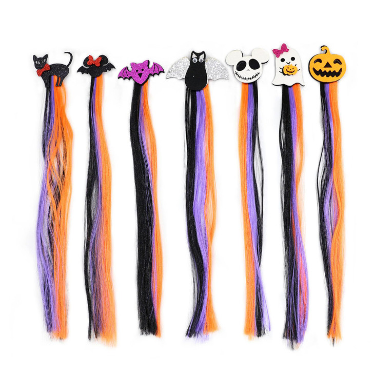 VCEOW 7 Pcs Halloween Hair Clips for Girls Straight Glitter Hair Accessories Cute Hair Extensions for Dress Up Supplies