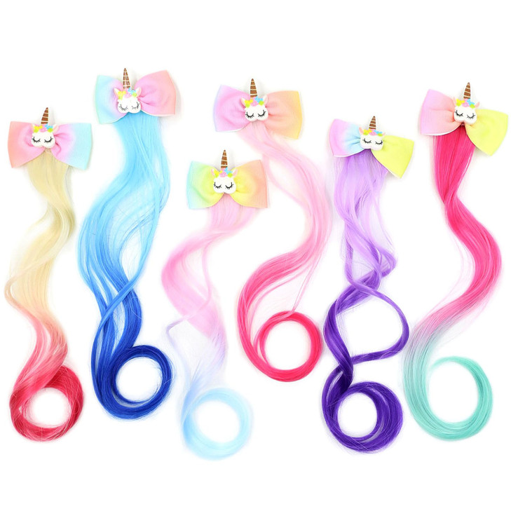 VCEOW 6 Pcs Colored Unicorn Hair Clips for Girls Cute Rainbow Hair Bows Ombre Color Curly Hair Extensions Princess Dress