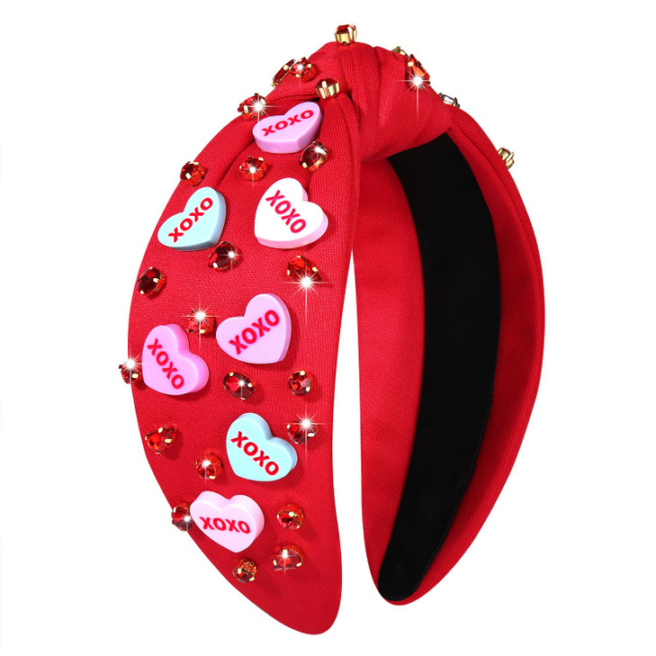 CEALXHENY Valentines Day Headband for Women XOXO Red Pink Beaded Heart Headbands with Rhinestone Crystal Knotted Jeweled