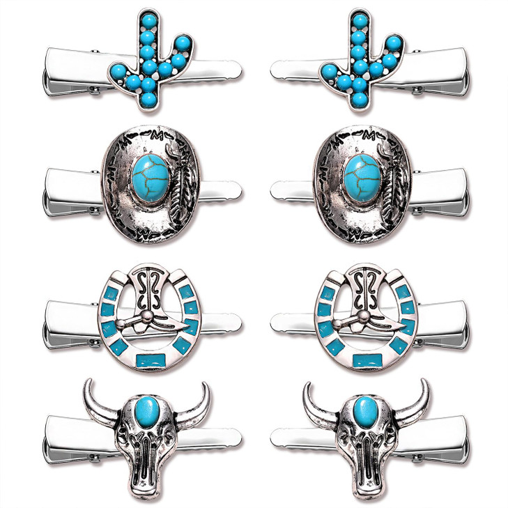 Western Cowboy Cowgirl Boot Hat Hair Clips 8PCS Vintage Turquoise Star Lightning Cactus Hairpins Womens Hair Accessories