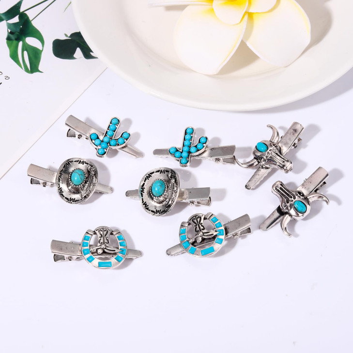 Western Cowboy Cowgirl Boot Hat Hair Clips 8PCS Vintage Turquoise Star Lightning Cactus Hairpins Womens Hair Accessories
