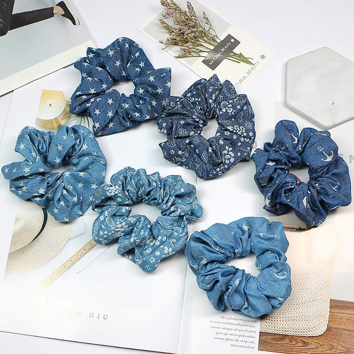 6 Pcs Denim Hair Scrunchies Accessories Cloth Blue Hair Ties Scrunchy for Woman Girls Elastic Hair Bands Ropes Ponytail