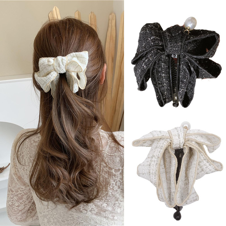 auwiyd 2 PCS Bowknot Banana Clip Hairpin Plaid Pearl Hairpin Ponytail Clip Hair Claw for Women Girls Sweet Ponytail Hold