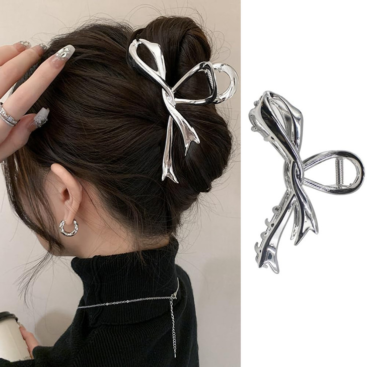 Bow Design Hair Claws Large Metal Clamps for Thick Curly Hair with Ribbon Bow Sliver NonSlip Banana Hair Styling Clips f
