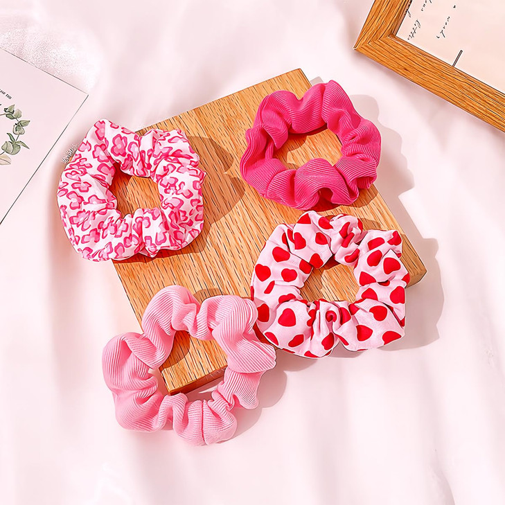 4PCS Valentine Hair Scrunchies Pink Hair Ties Elastic with Love and Heart Pattern Elastic Hair Bands Romantic Hair Acces