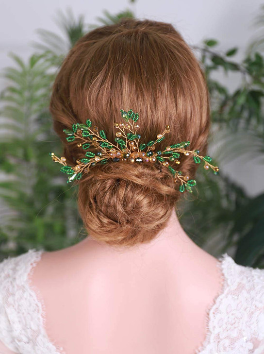 YERTTER Champagne Green Crystal Beads Bridal Handmade Hair Comb for Wedding Party Crystal Comb Clip Bridal Headpieces Ha