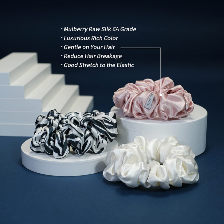 MTSNOO Silk Scrunchies for Sleep 100 Pure 22 Momme Mulberry Silk Scrunchies for Curly Hair with Elastic Band 3 Pack Pink