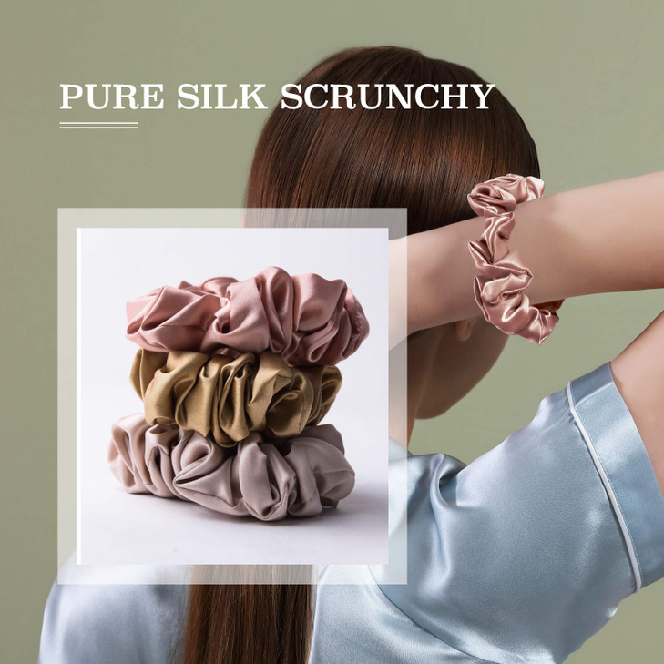 MTSNOO Silk Scrunchies 3 Pack 100 Pure 22 Momme Mulberry Silk Scrunchies for Curly Hair with Elastic Band Hair Ties Rope