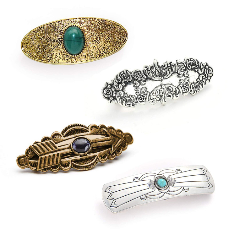 4 Packs Vintage Gem Decorative Hair Barrettes for Women Girls Classic Carved Pattern Retro Metal French Hair Clips Hairp