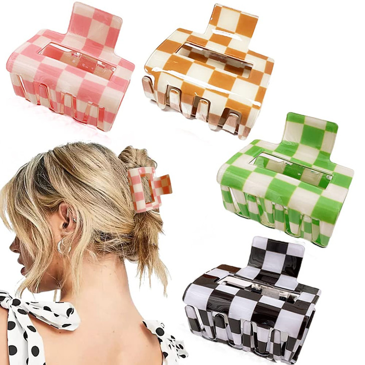 4 Pack Ahoney Checkered Y2K Claw Clips for Thin Hair Cute 2 Aesthetic Barrettes 90s Hair Accessories for Women and Y2K T