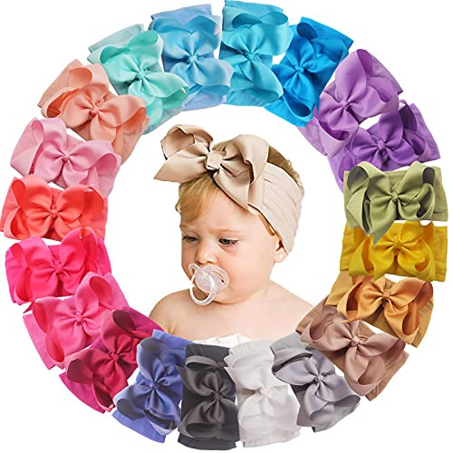 Yxiang 20pcs Baby Headbands with 6 Big Elastics Nylon Ribbon Bows Hair Accessories for Newborns Infants Toddlers Kids
