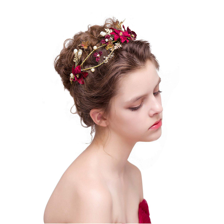 Wedding Headpiece Red Flower Gold Butterfly Hairbands Wedding Tiara Pearl Headbands Bridal Hair Bridesmaid Jewelry Acces