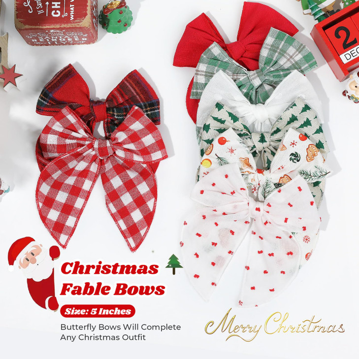 DEEKA 8 PCS Large Red and Green Christmas Themed Hair Bows for Toddler Girls Handmade Cotton Fabric Hair Accessories