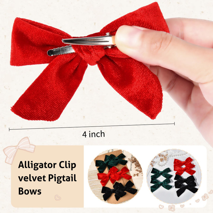 DEEKA Velvet Hair Accessories 4 Handmade Knot Bows for Toddlers 6 PCS Red Green and Black Christmas Bows for Little Kids