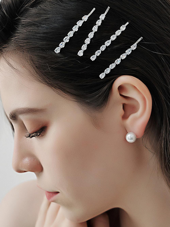 Xerling 4Pcs Shiny Silver Sparkly Bobby Pins Teardrop Zircon Crystal Hair Clips Wedding Brides Hair Styling Pins Hairpin