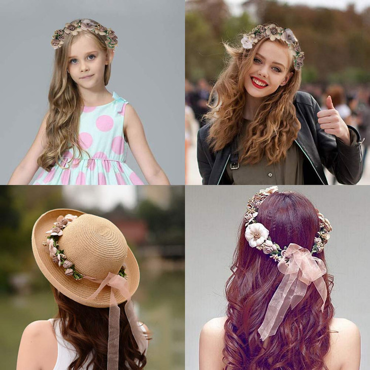 WLBON Flower Crown Headband Wreath Garland Hair Bands Floral Wedding Bridal Hair Hoop Women Leaf Ribbon Party Decoration