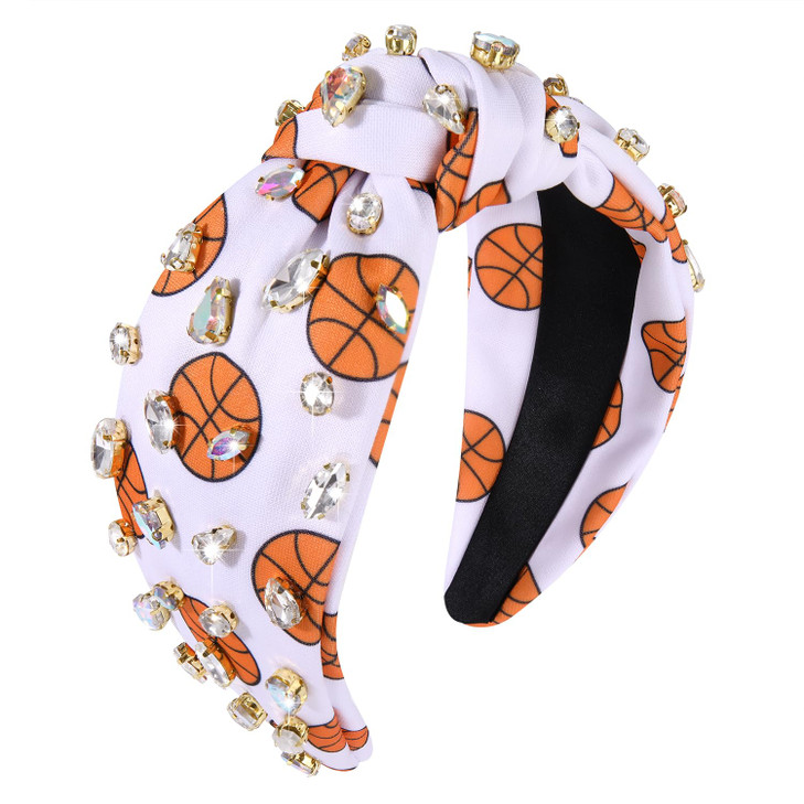 HSWE Rhinestone Knotted Headband for Women Baseball Football Basketball Soccer Crystal Jeweled Embellished Printed Wide