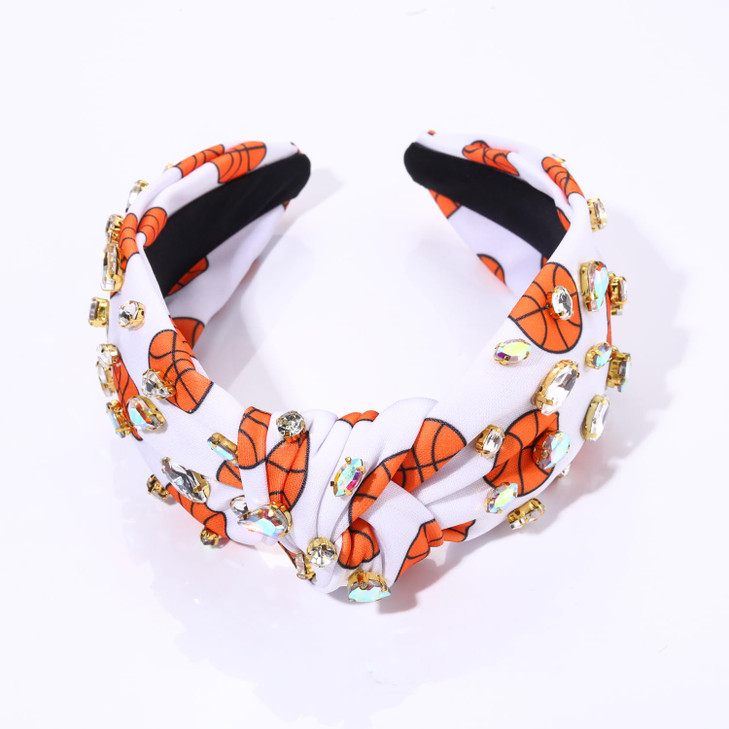 HSWE Rhinestone Knotted Headband for Women Baseball Football Basketball Soccer Crystal Jeweled Embellished Printed Wide