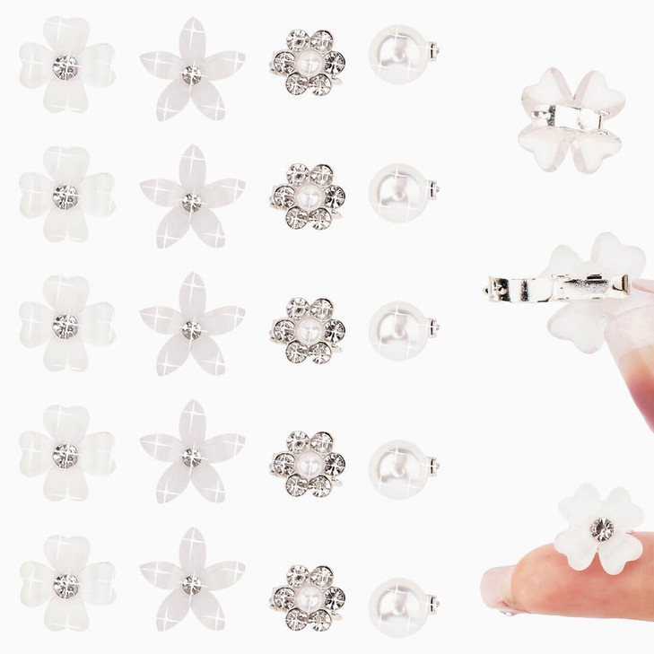 Ahoney 20Pcs Mini Clips for Hair White Flower Hair Clips with Rhinestone Cute Flower Girl Hair Accessory Decorations Hai