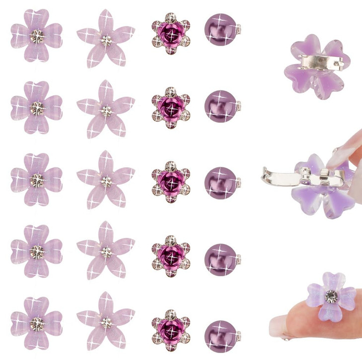 Ahoney 20Pcs Purple Flower Hair Clips with Rhinestone Mini Clips for Hair Cute Hair Pins Decorations Hair Clips for Prom