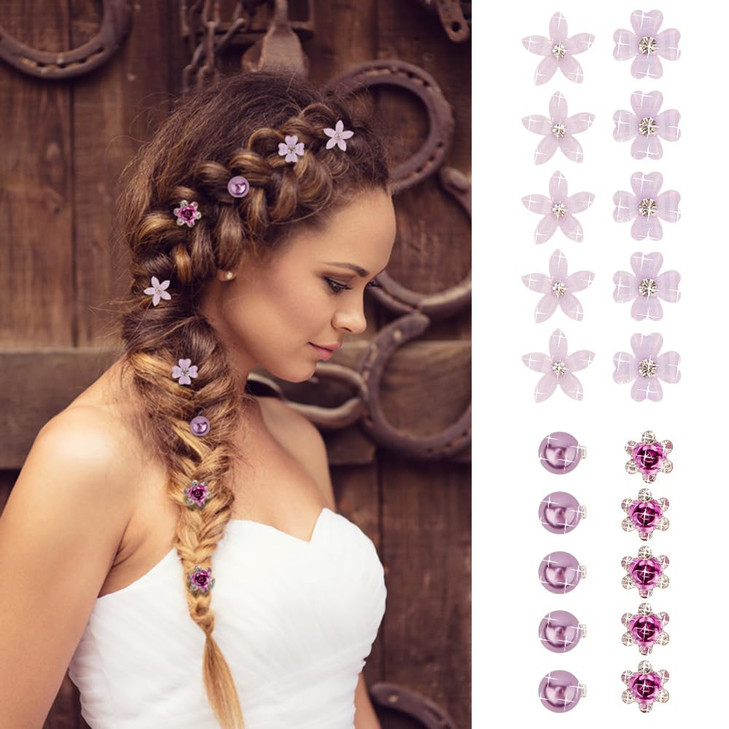 Ahoney 20Pcs Purple Flower Hair Clips with Rhinestone Mini Clips for Hair Cute Hair Pins Decorations Hair Clips for Prom