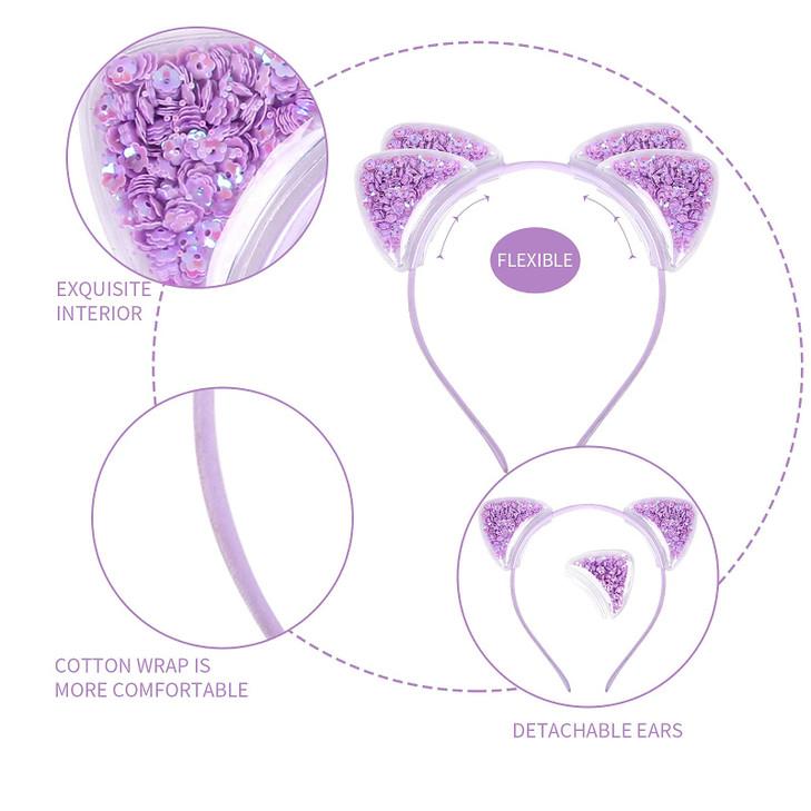 ZIRICHER Cat Ears Headband For Girls Women Glitter Cat HeadbandsTransparent Quicksand Sequin Cat Headband Cute Kitten Ea