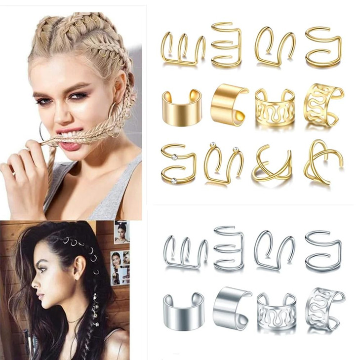 mdgfge 48PCS Gold Silver Black and Rose Hair Braids Dreadlock with Crystal Rhinestone Beads Accessories NonPiercing Ear