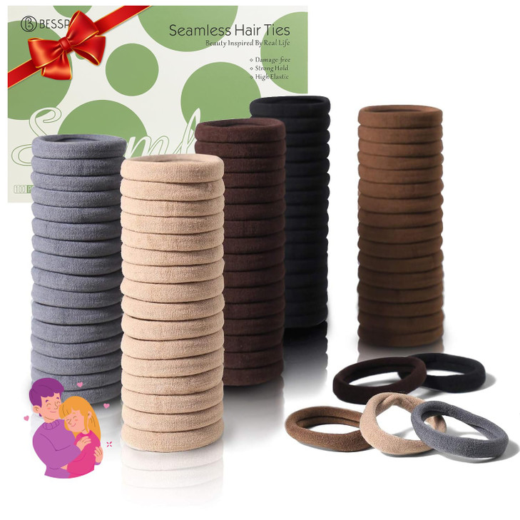 100 Pcs Thick Seamless Brown Hair Ties Ponytail Holders Hair Accessories No Damage for Thick Hair Valentines Day GiftNat