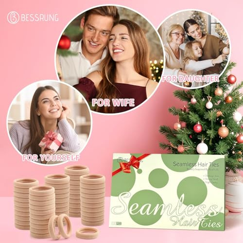 100 Pcs Thick Seamless Tan Hair Ties Ponytail Holders Hair Accessories No Damage for Thick Hair Valentines Day GiftLight