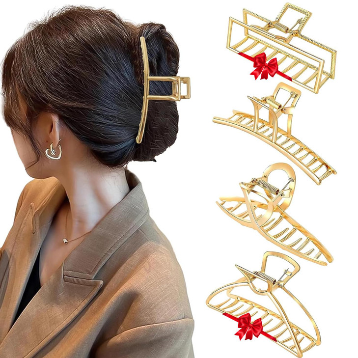 4 Pack Large Gold Hair Claw Clips for Women Thick Hair French Design Metal Cross Banana NonSlip Hair Catch Barrette Jaw