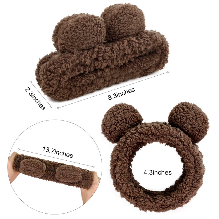 Huachi Bear Ears Headbands for Women Face Washing Spa Makeup Hair Bands Korean Elastic Fluffy Beauty Accessories Brown