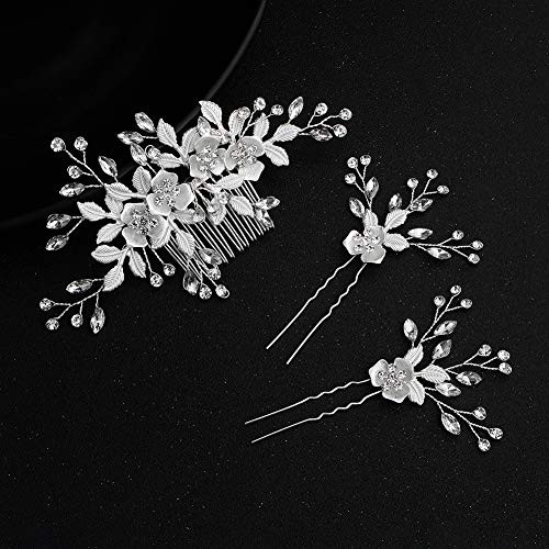 Sliver Flower Hair Comb With 2 Clear Crystal Hair Pins Hair Sticks Wedding Comb Bridal Hair Clips For Brides and Bridesm
