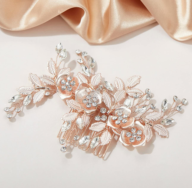 SWEETV Metal Hair Comb Rhinestone Bridal Hair Clip Handmade Wedding Hair Accessories for Brides and Bridesmaid Rose Gold