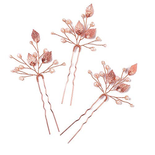 Missgrace Rose Gold Hair Pins 3 Packs Crystal Leaf Wedding Hair Accessories for Women