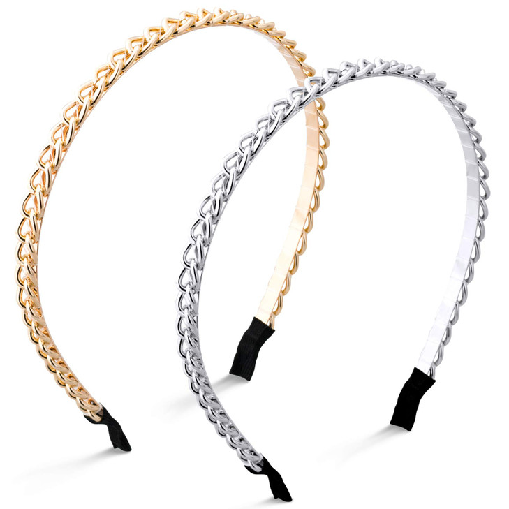 PAGOW 2Pcs Women Chained Headband Fashion Gold Metal Thin Headbands for women Girls Beauty Silver Headbands Hair Hoops H